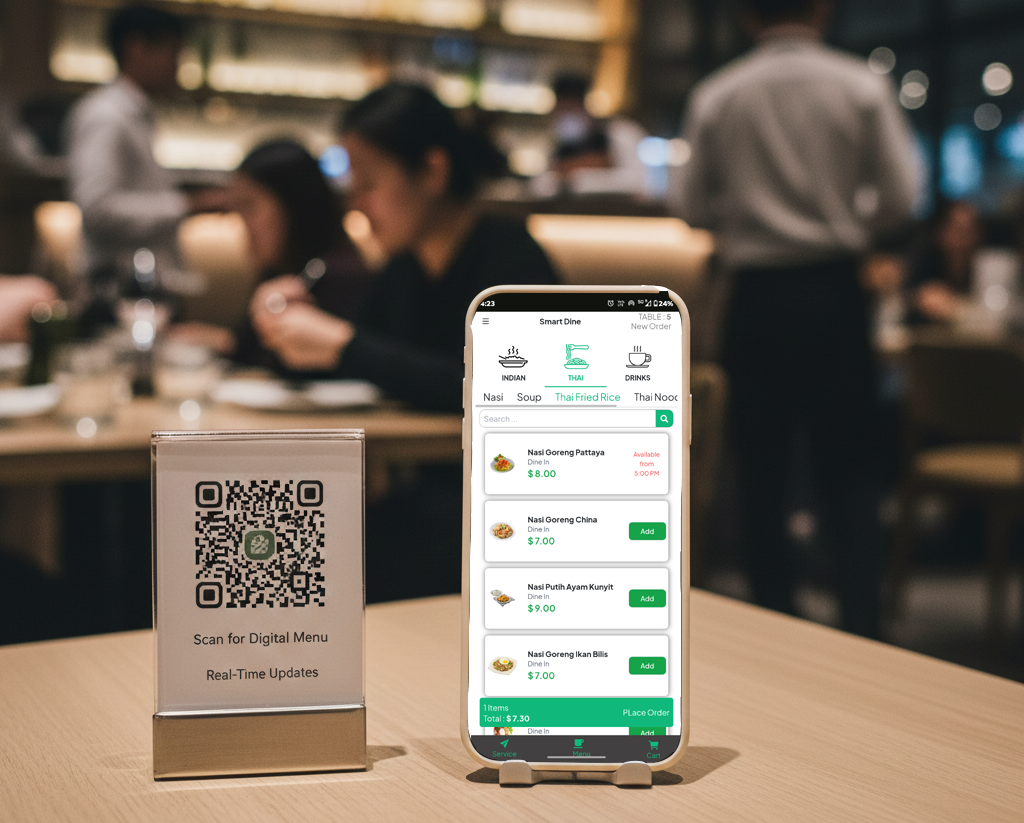 Digital menu with real time updates using QR code ordering